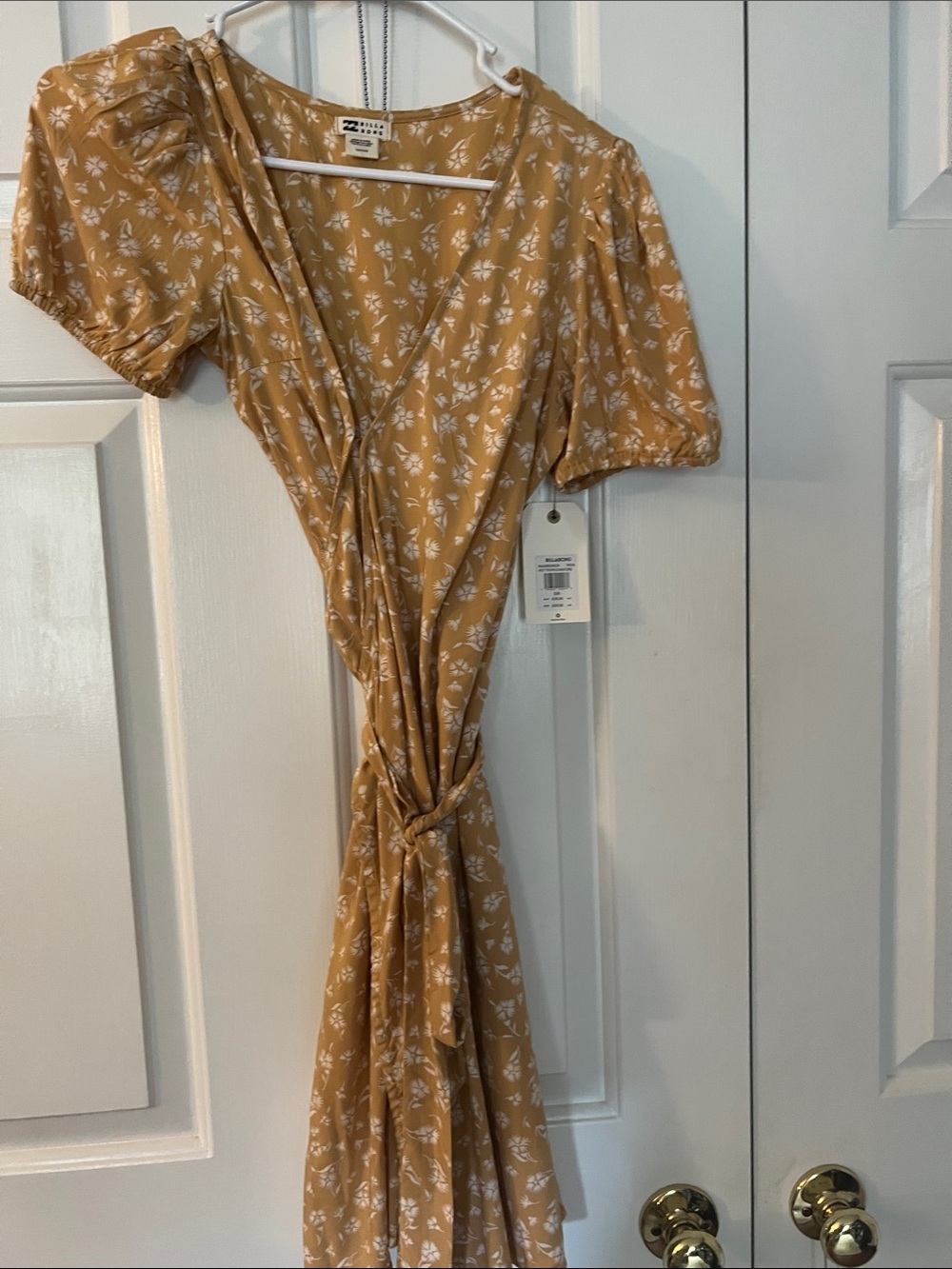 Billabong Mustard Floral Wrap Dress with Puff Sleeves